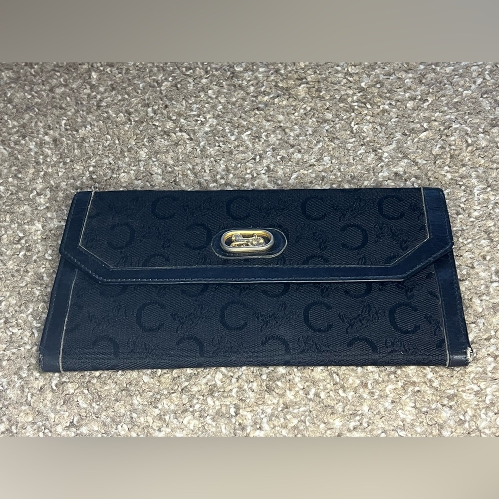 Vintage Celine Paris Canvas & Leather Wallet Black & Gold Continental Tri-Fold